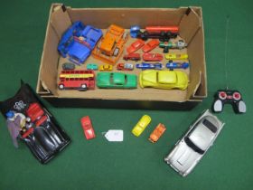 Box of playworn plastic vehicles from: International Products, Marx, Merit, Beeju, Jimson, Minix, OK