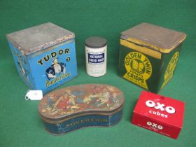 Five product tins with lids to comprise: Golden Twin and Tudor potato crisps, National Dried Milk,