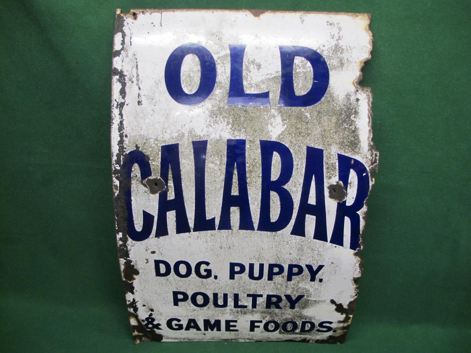 Large enamel advertising sign for Old Calabar Dog, Puppy, Poultry And Game Foods, dark blue