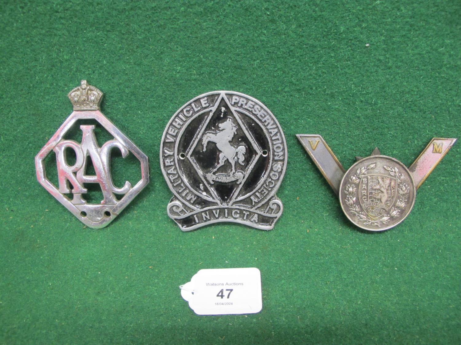 Three car badges to comprise: Invicta Military Vehicle Preservation Society, chrome RAC No. 89007