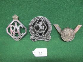 Three car badges to comprise: Invicta Military Vehicle Preservation Society, chrome RAC No. 89007