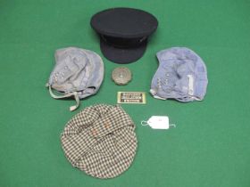Two War Department cotton flying helmets, Kangol Bugatti flat cap, chauffer's cap, brass 1898-1968