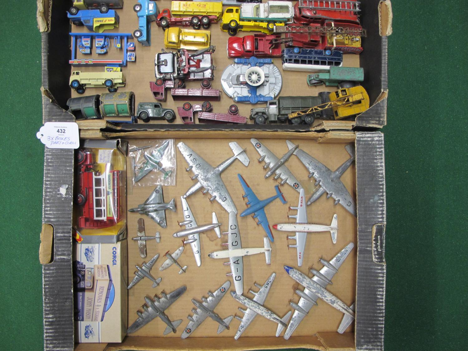 Three boxes of loose and playworn Dinky and Corgi commercials, farm vehicles, fire engines and - Image 3 of 3