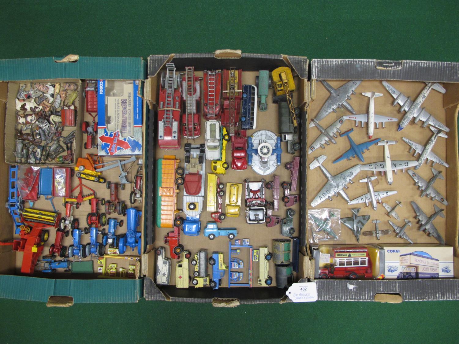 Three boxes of loose and playworn Dinky and Corgi commercials, farm vehicles, fire engines and