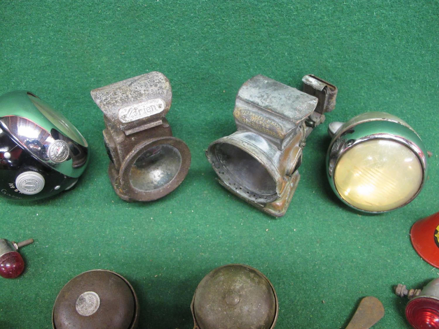 Box of cycle items to include: two Miller headlights, vintage paraffin lamps from Brien and Lucas, - Image 3 of 3