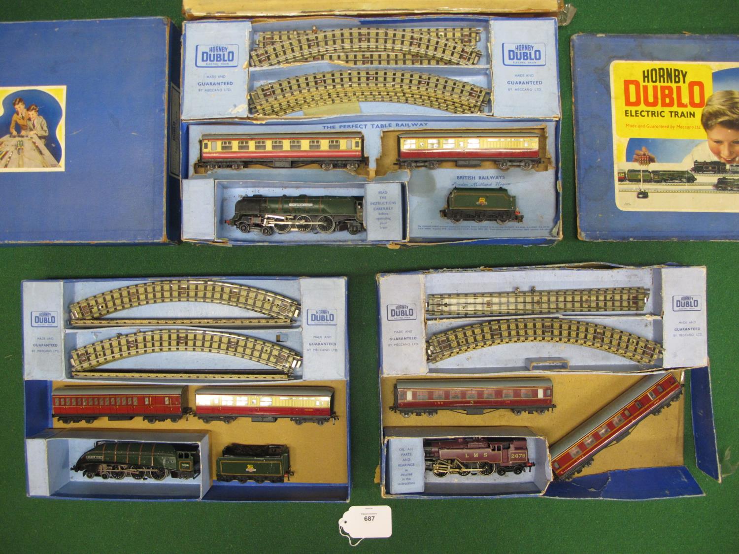 Three HD mis-matched 3 Rail train sets, in rough boxes, containing: track, six coaches, tender