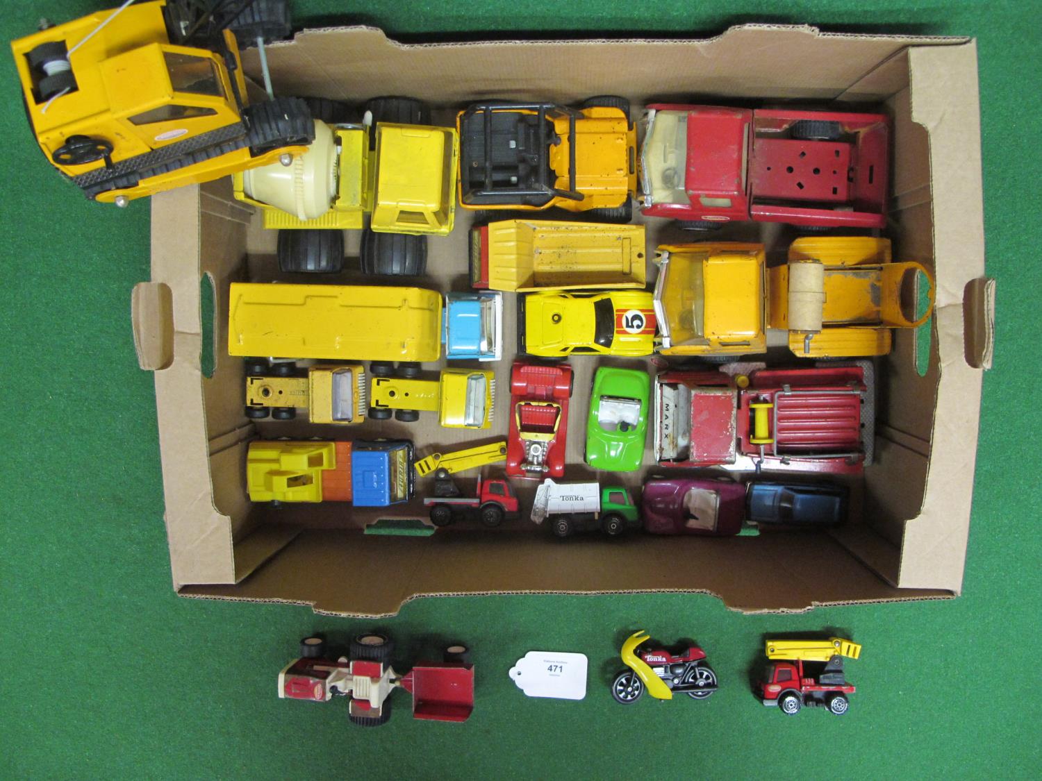 Twenty one mostly Tonka, modern tinplate and plastic vehicles from tracked crane to motorcycle - Image 2 of 3