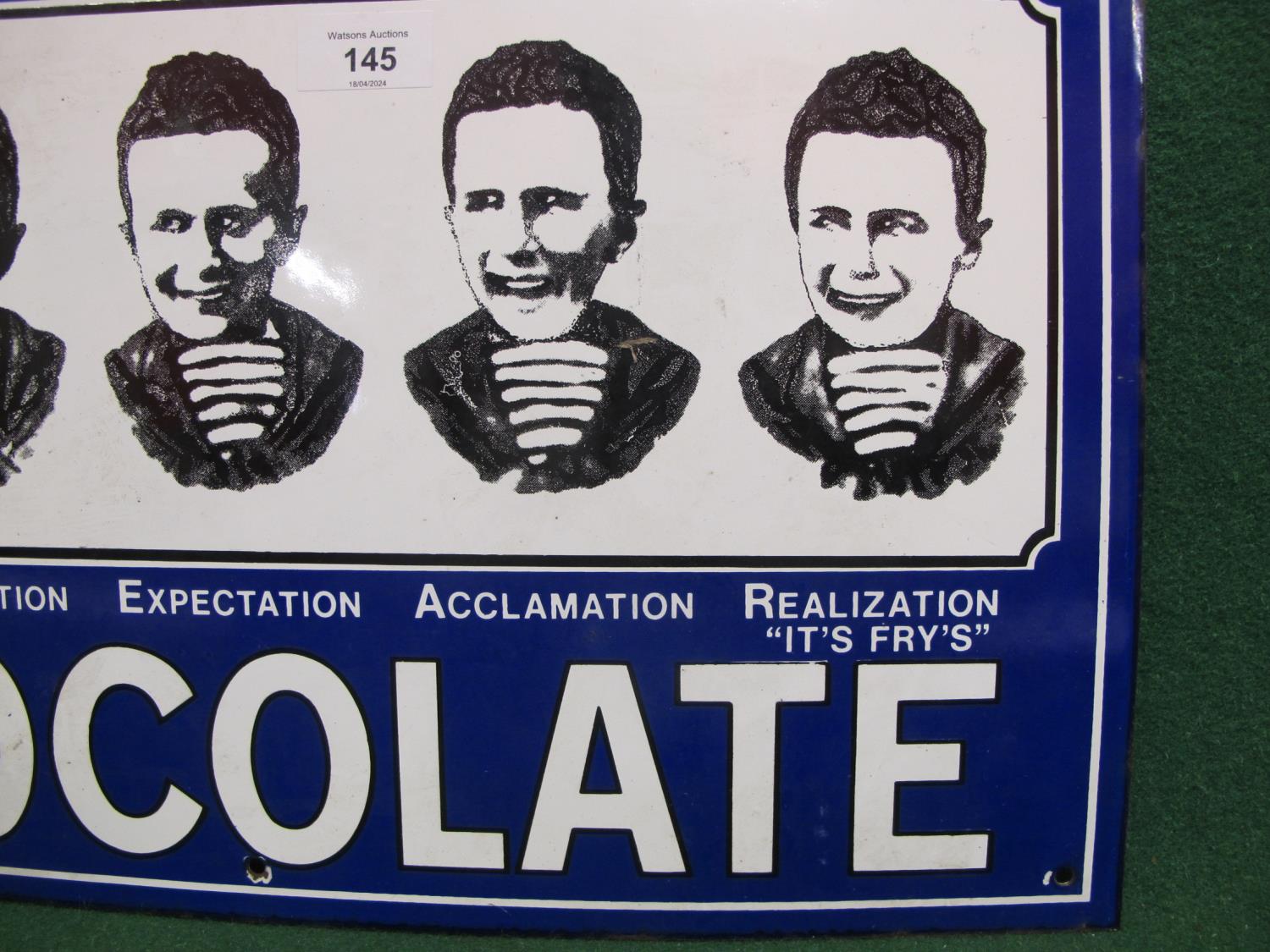 Reproduction enamel sign for Fry's Chocolate featuring the sad to happy boy, white and black on a - Image 2 of 3