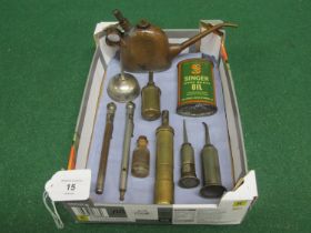 Jos Lucas No. 40 oiler, two tyre pressure gauges, Singer & Brother oil cans, two brass greasers,