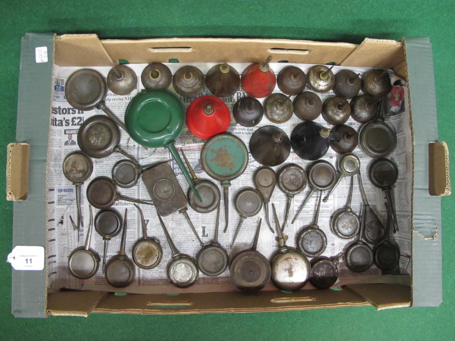 Box of small metal banjo and cone oil cans together with oil droppers Please note descriptions are