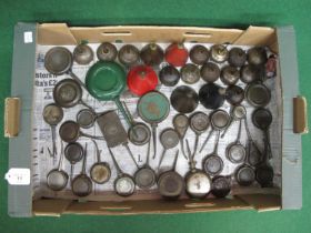 Box of small metal banjo and cone oil cans together with oil droppers Please note descriptions are