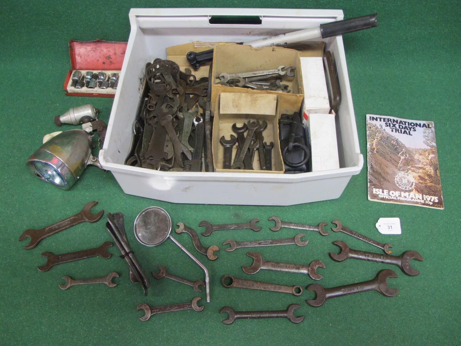 Mixed box of motorcycle spanners to include: Triumph and BSA together with Ford, Jaguar, Austin,