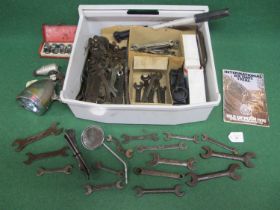 Mixed box of motorcycle spanners to include: Triumph and BSA together with Ford, Jaguar, Austin,