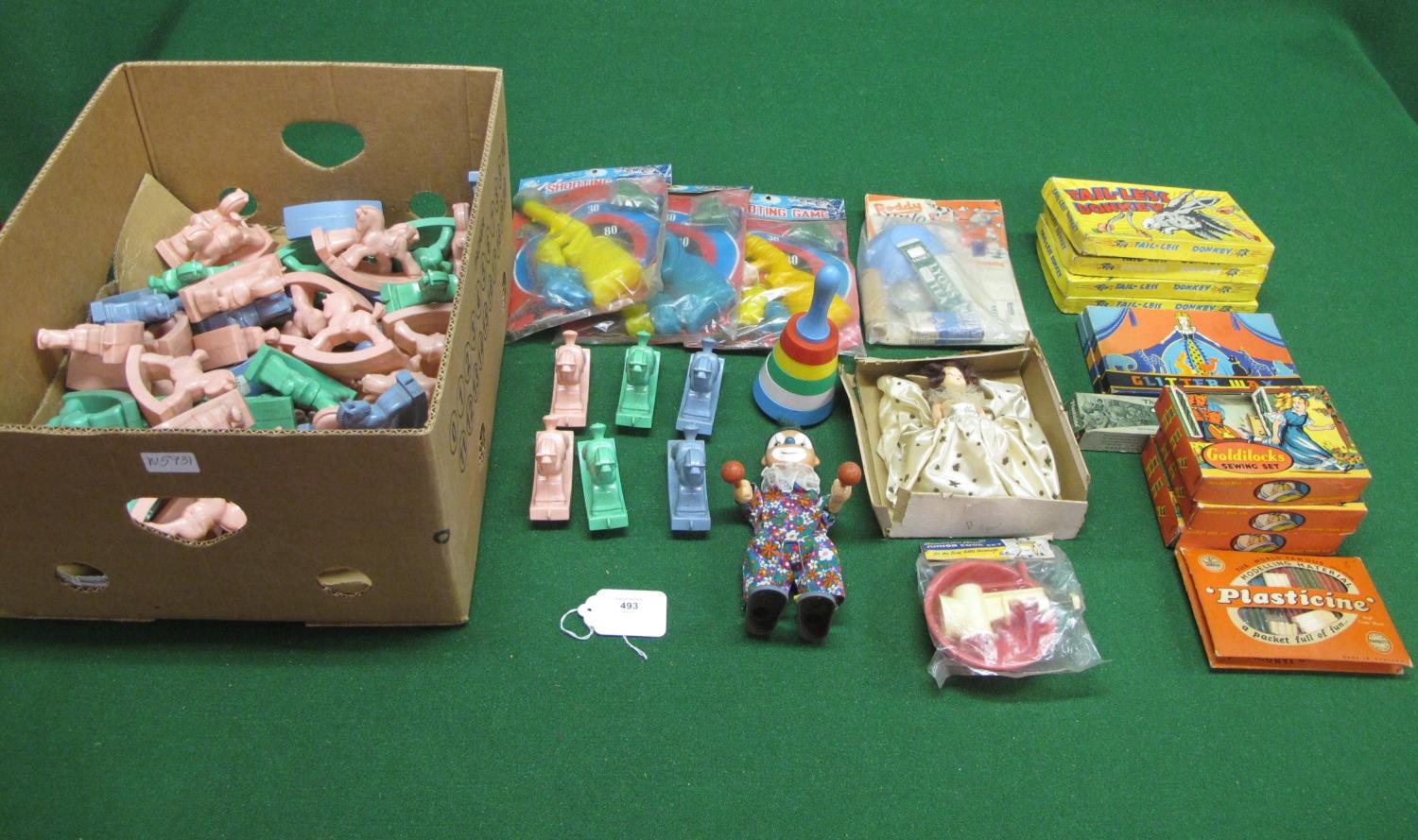 Two boxes of loose and boxed mostly plastic toys Made in England and Hong Kong to include: rocking