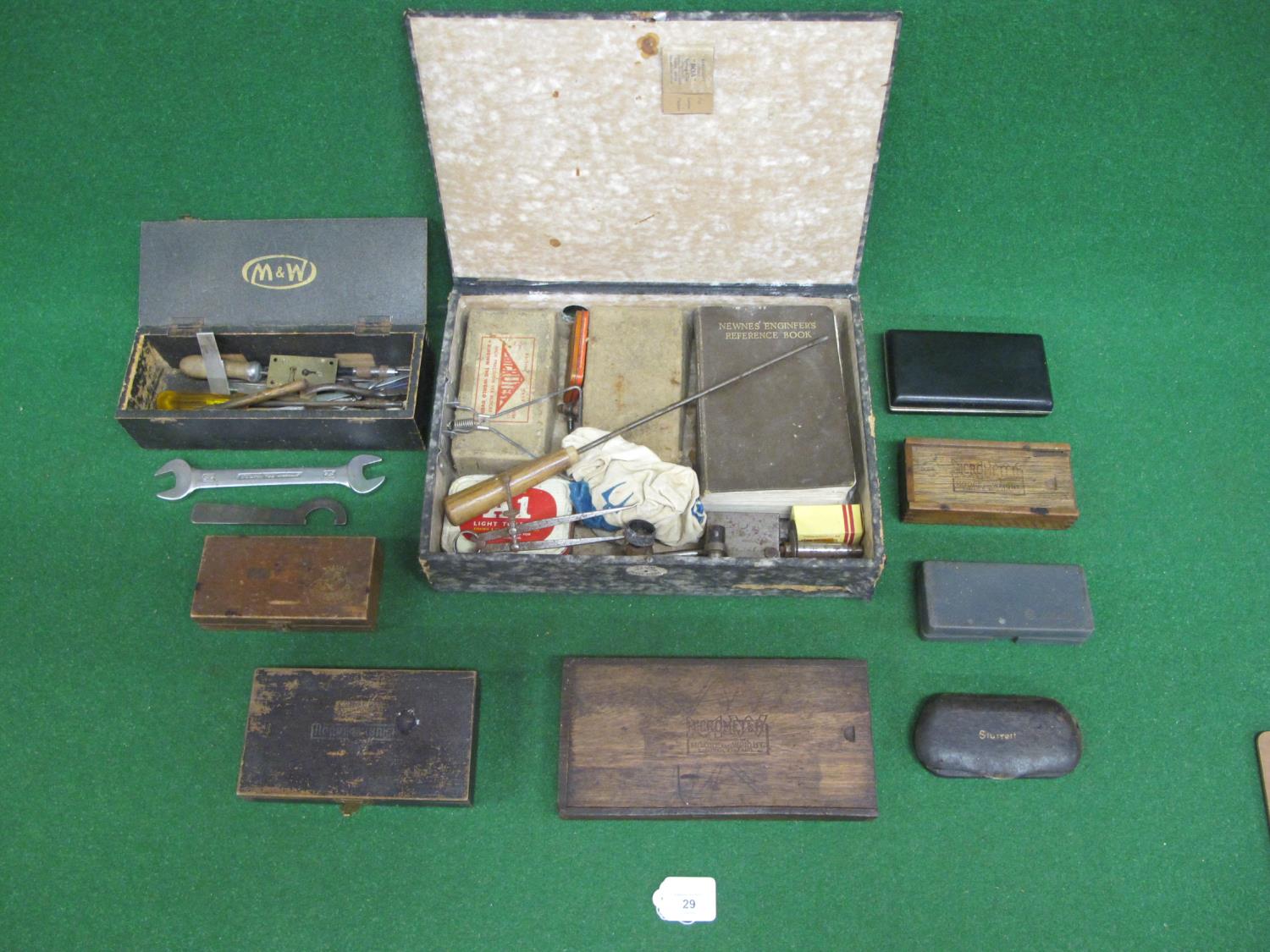 Box of engineers tools to include: six cased micrometers from Moore & Wright, Starret, Mitutoyo