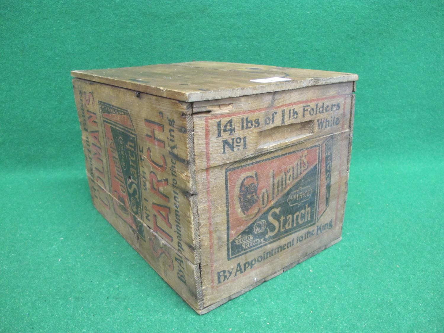 Theatrical non-opening, aged, wooden box printed on four sides for Colman's Starch 14lb of 1lb