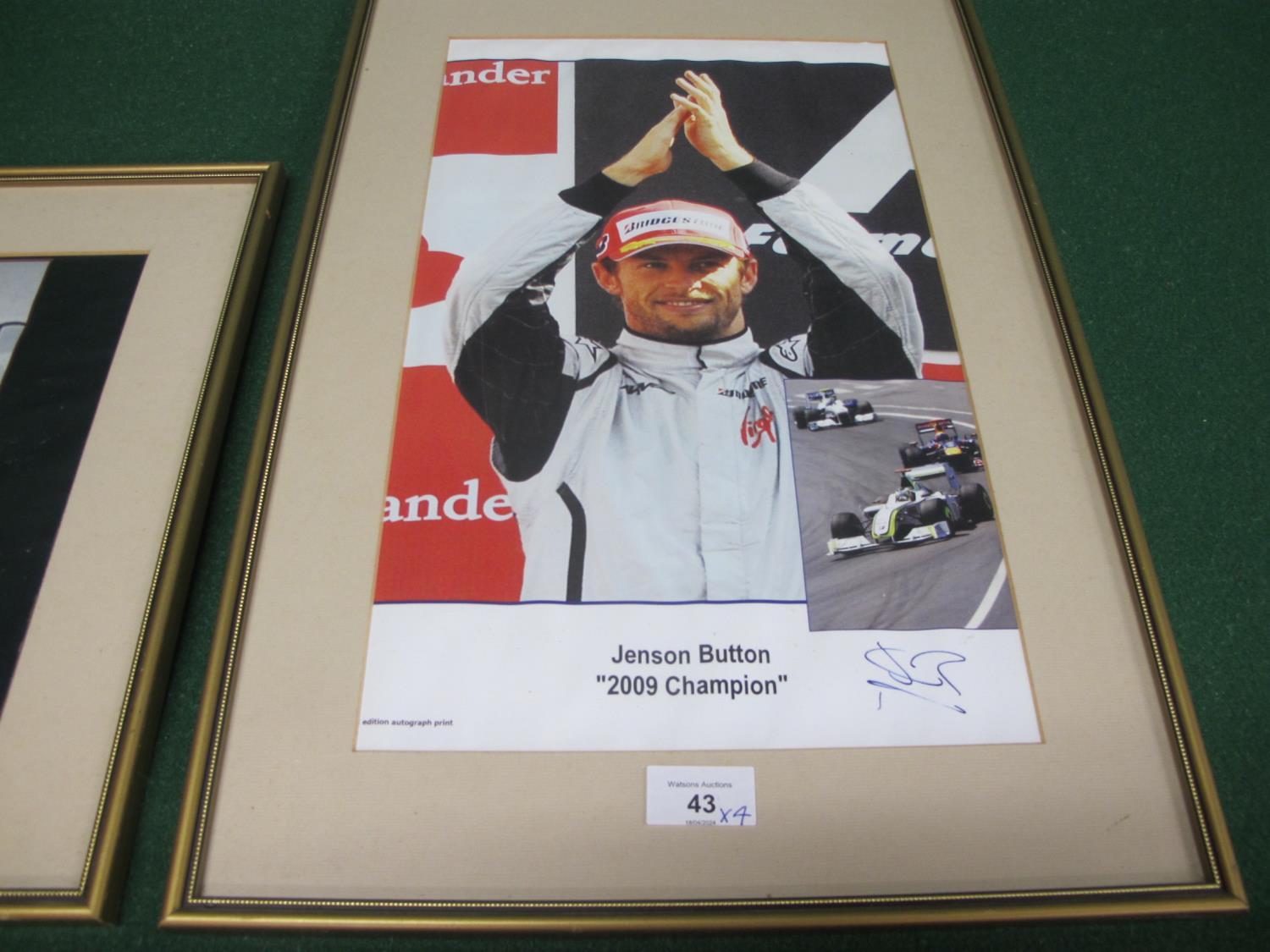 Four motor racing prints to comprise: Lewis Hamilton, Ayrton Senna, Jenson Button (signed) and an F1 - Image 3 of 3