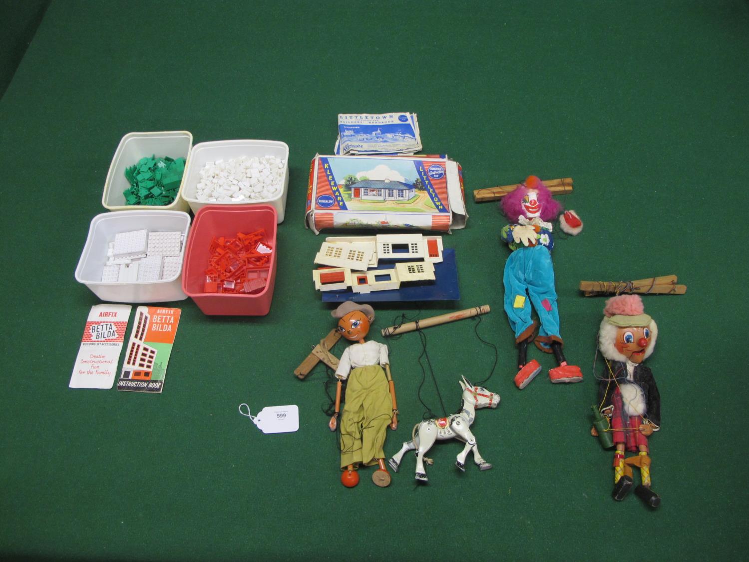 Two Pelham Puppets, a homemade clown puppet and Muffin The Mule together with loose Airfix Betta