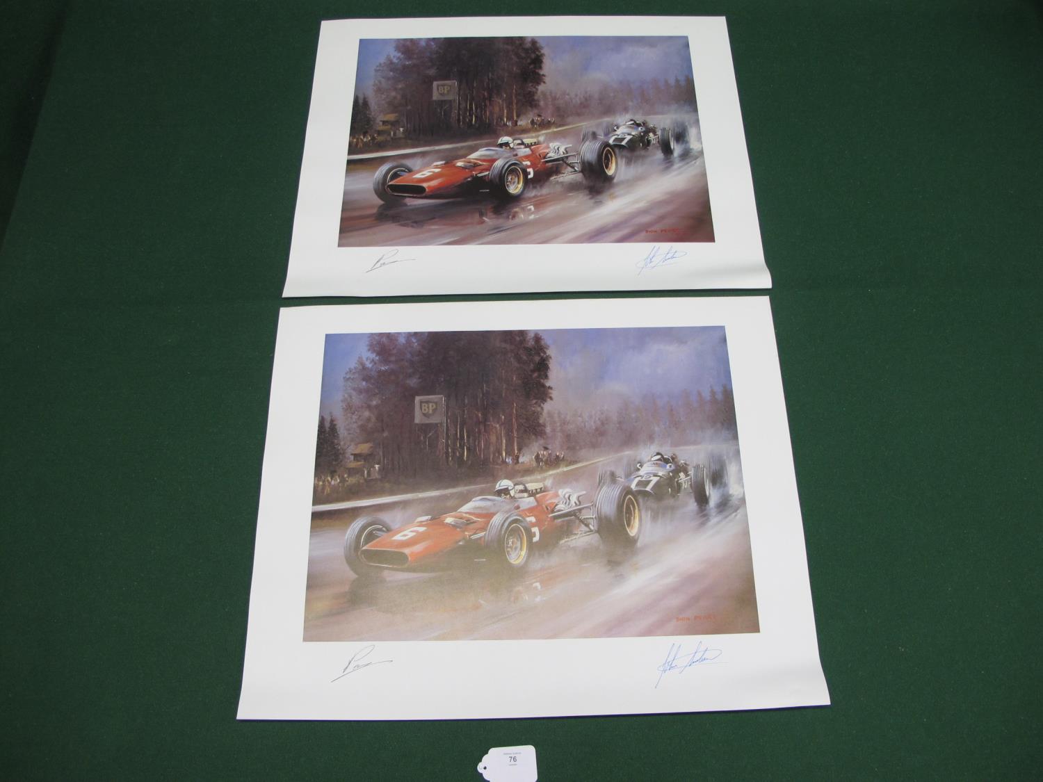 Two Dion Pears motor racing prints signed by the artist and John Surtees - 30" x 24" Please note