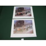 Two Dion Pears motor racing prints signed by the artist and John Surtees - 30" x 24" Please note