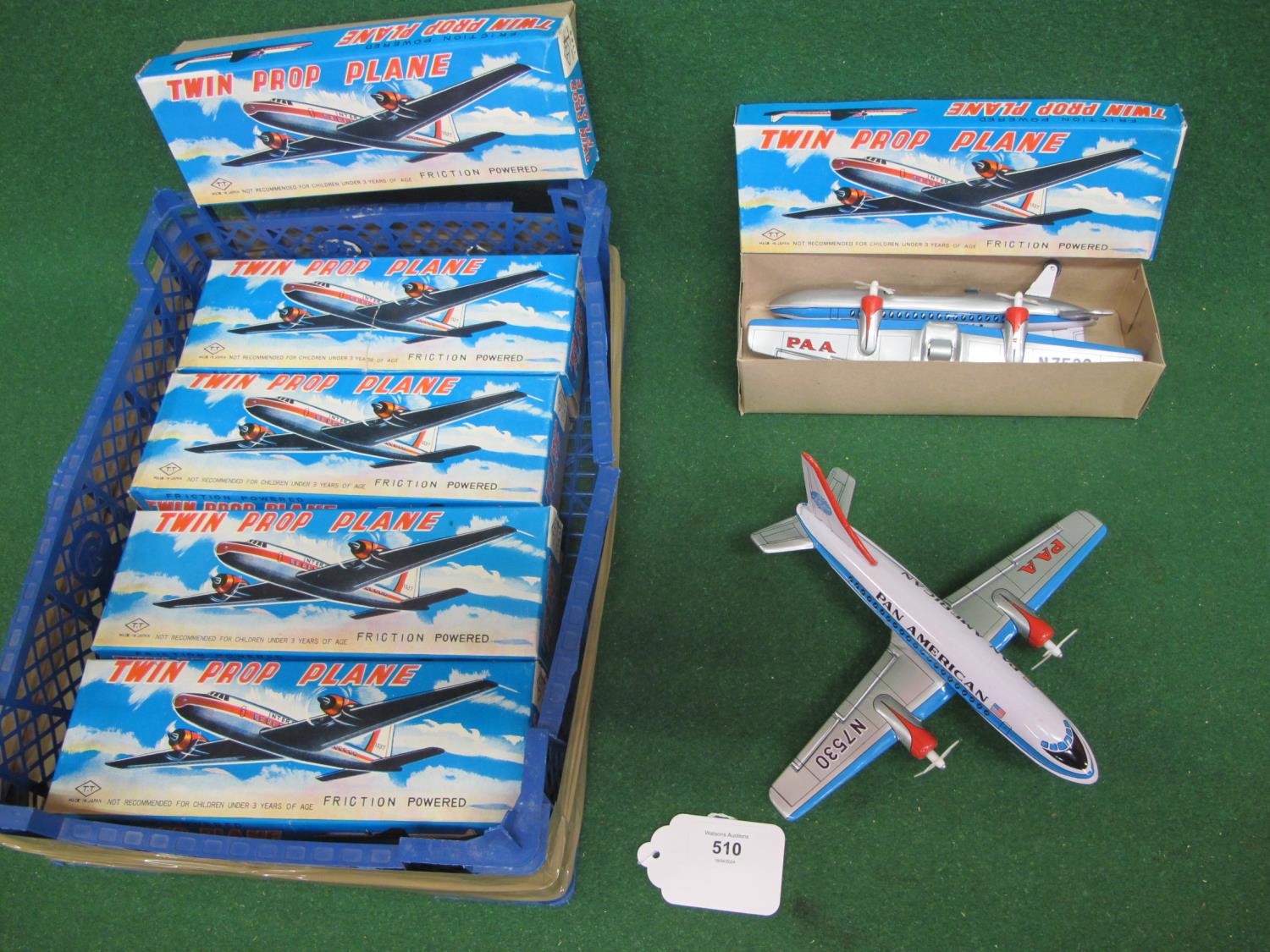 Six boxed Takatoku (TT-Japan) Pam Am twin prop airliners, circa 1970's, each is in two pieces and