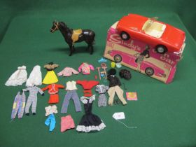 Sindy's own car complete with bonnet pennant and box, Sindy's horse and a quantity of outfits and