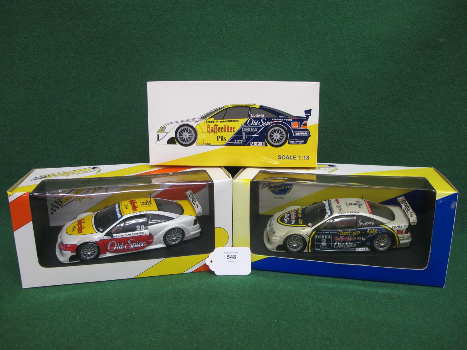 Three Minichamps UT Models 1:18 scale Opel racing cars in Team Rosberg liveries, boxed Please note