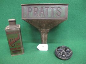 Large metal fuel funnel embossed Pratts on two sides - 10" x 6.5", metal Atlantic Bulb Box and a