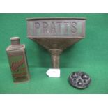 Large metal fuel funnel embossed Pratts on two sides - 10" x 6.5", metal Atlantic Bulb Box and a