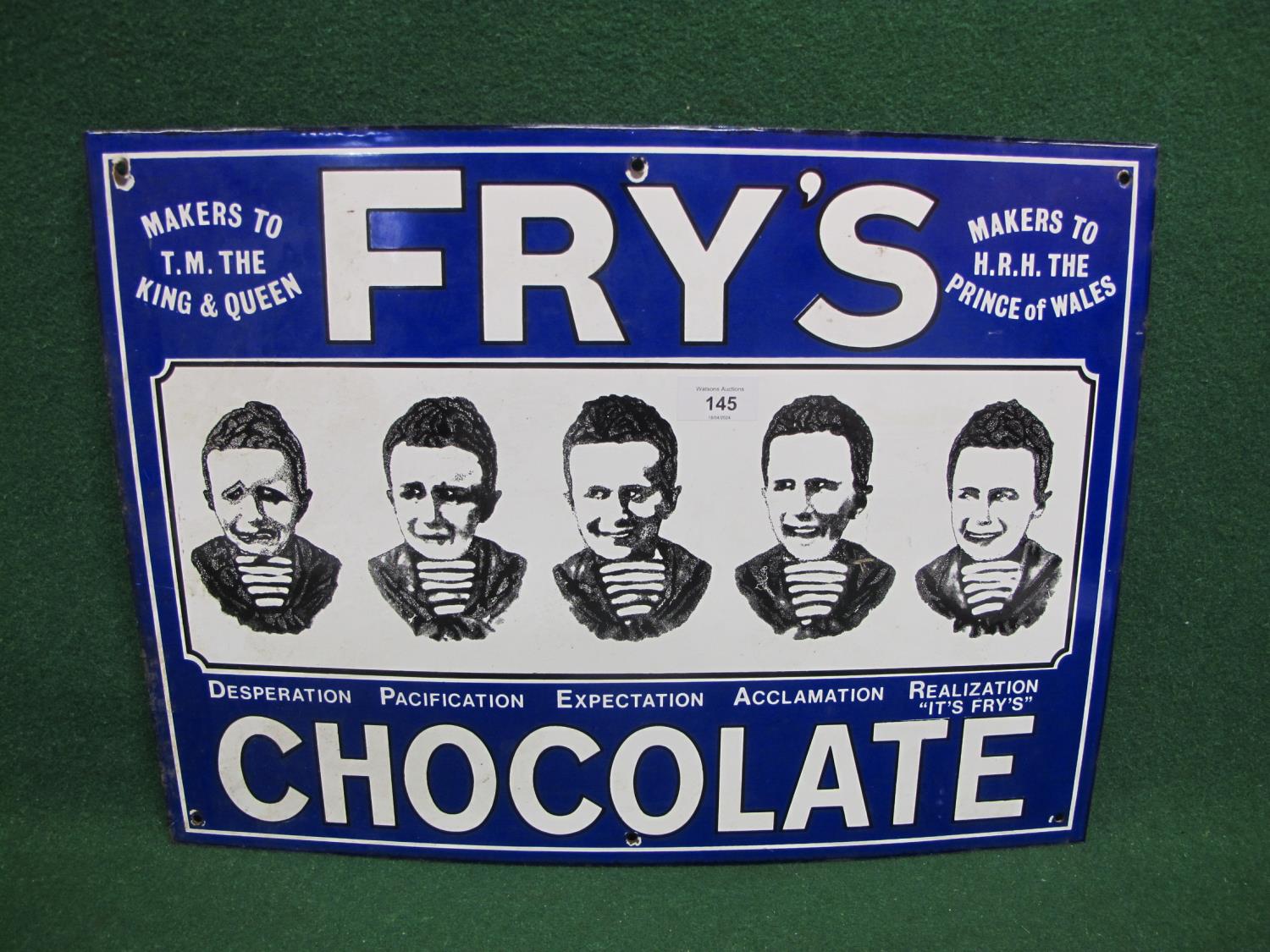 Reproduction enamel sign for Fry's Chocolate featuring the sad to happy boy, white and black on a