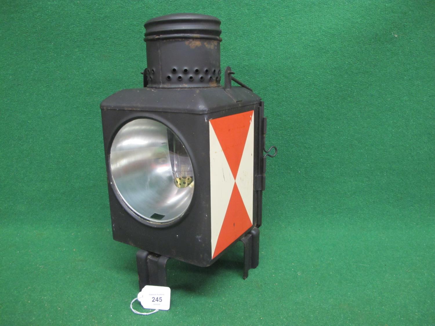 Possibly unused German Railway lamp with clear and red lenses, removable oil tank, burner, top