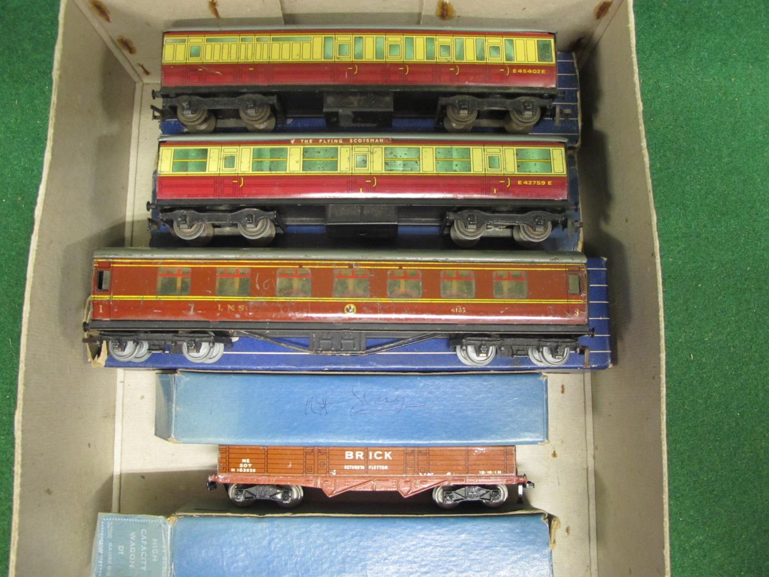 Box of playworn HD 3 Rail wagons and coaches (in rough boxes) including LMS Seven Plank and Power - Image 3 of 3