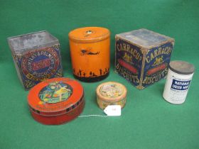 Six product tins (one lid missing) to include: Huntley & Palmers and Carr & Co. biscuits, Mackintosh