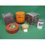 Six product tins (one lid missing) to include: Huntley & Palmers and Carr & Co. biscuits, Mackintosh