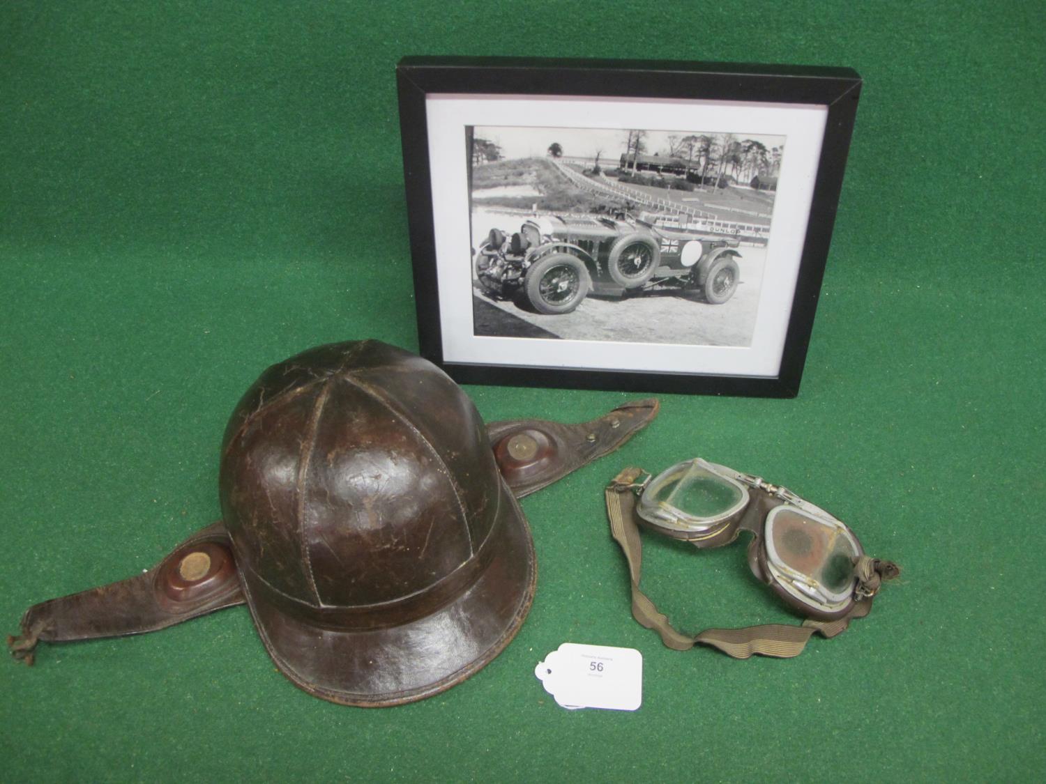 Vintage Bayard leather crash helmet, adjustable goggles and a framed black & white print of Birkin's