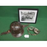 Vintage Bayard leather crash helmet, adjustable goggles and a framed black & white print of Birkin's