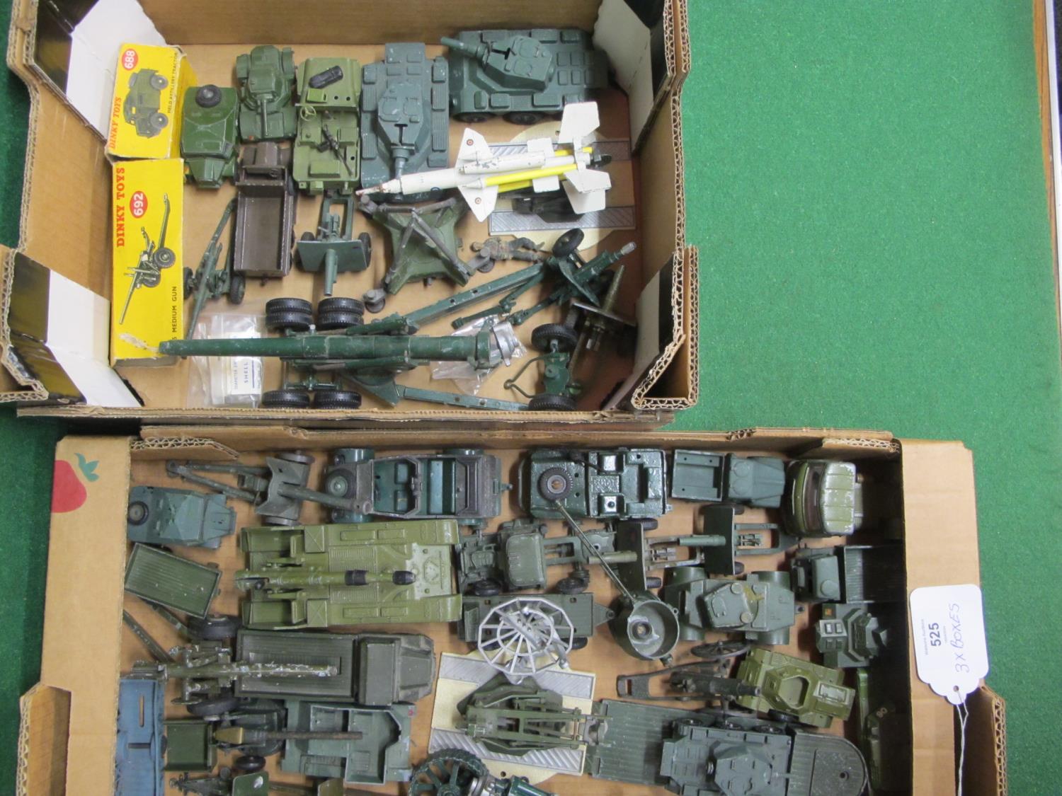 Three boxes of loose playworn diecast military vehicles and guns from Dinky, Corgi and Britains - Image 3 of 3