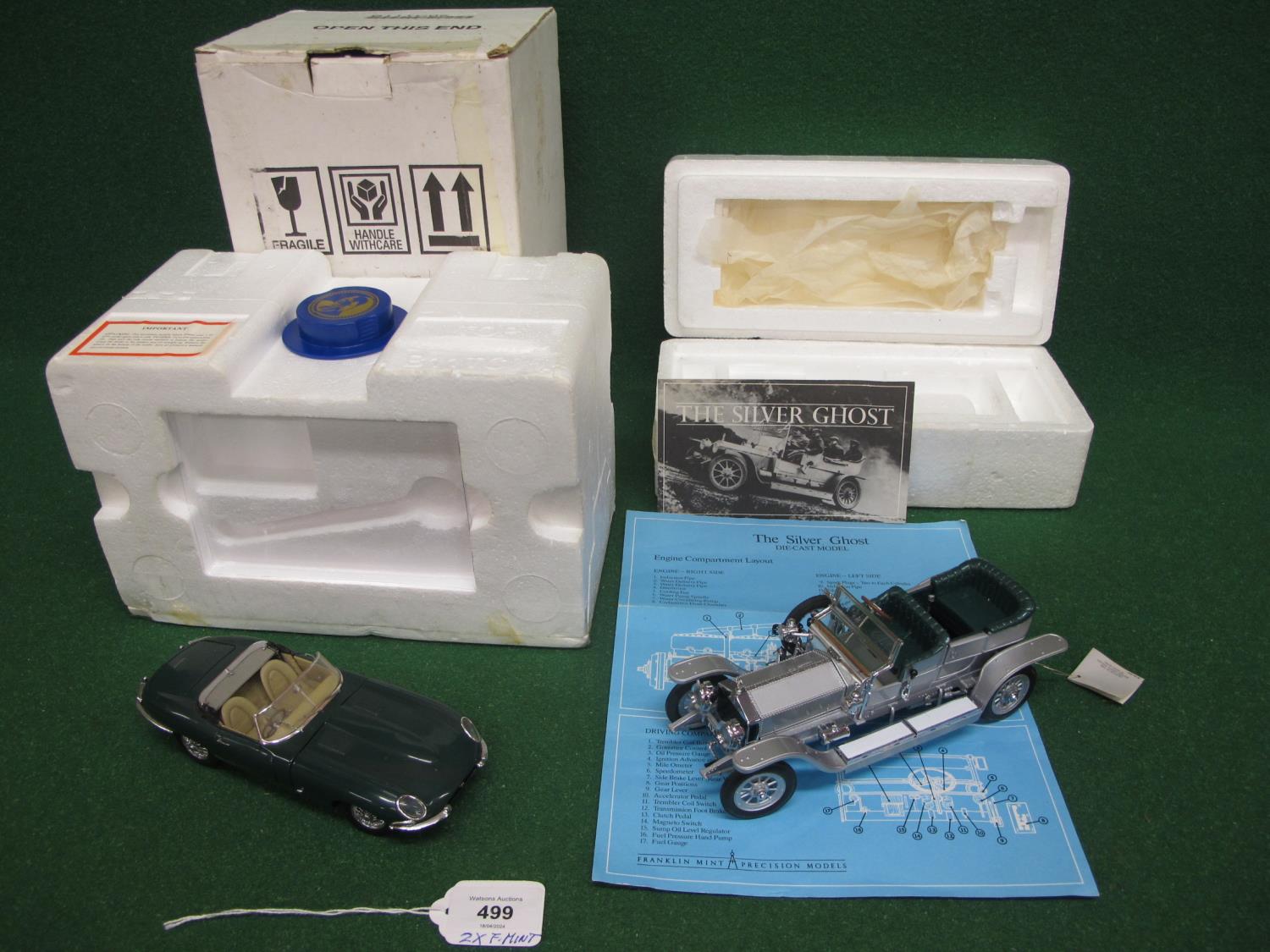 Two Franklin Mint metal and plastic models of a 1961 Jaguar E Type and a 1907 Rolls Royce Silver