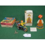 Two tinplate and plastic clockwork toys to comprise: a Jaguar I by MIG tricycle with key, rider,