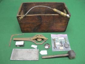 Vintage Rolls Royce Repair Dept-London wooden crate containing: Enots flexible grease gun, Kays