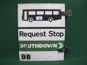 Double sided aluminium Southdown Request Stop 98 sign with Top Line sticker on one side - 11.75" x