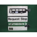 Double sided aluminium Southdown Request Stop 98 sign with Top Line sticker on one side - 11.75" x