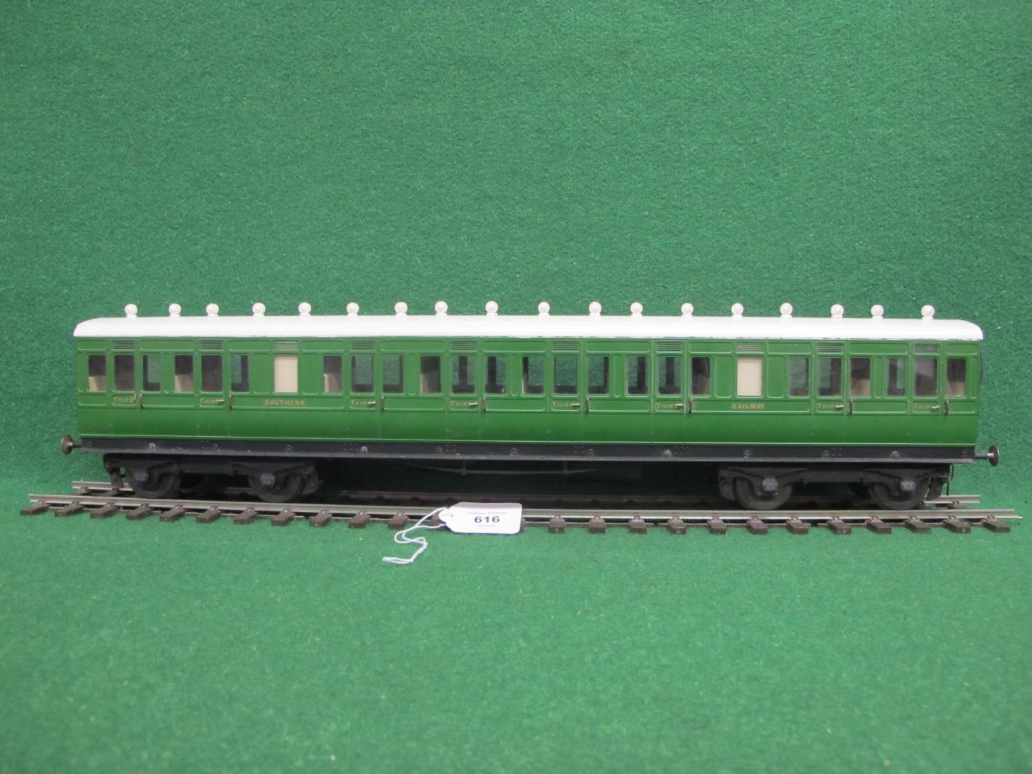 Gauge 1 all metal Southern Railway all 3rd eight compartment bogie coach in green - 22.25" buffer to