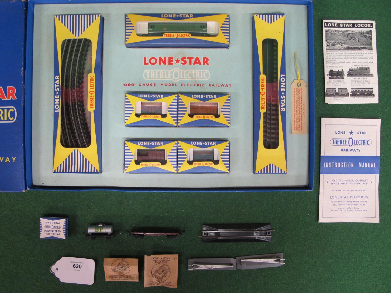 1960-1965 Lone Star Treble-O-Lectric boxed EL.50 Goods set containing: D5000 diesel, Box van, open - Image 2 of 4