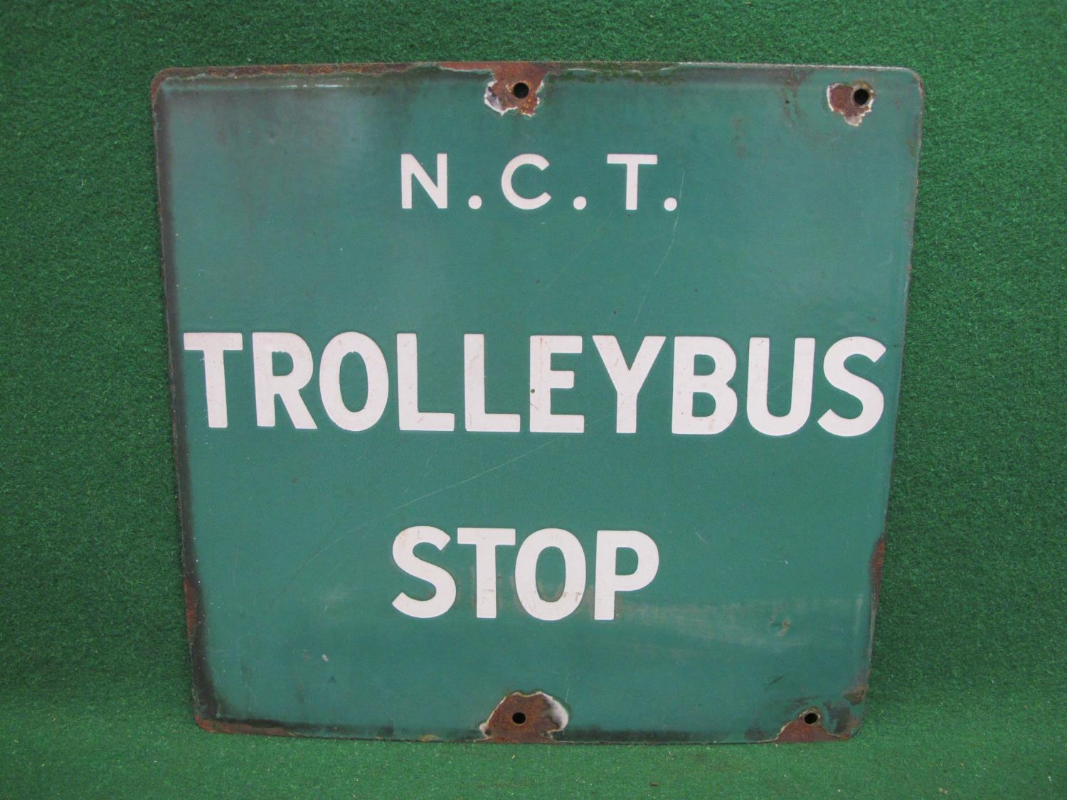 Double sided enamel Nottingham City Transport Trolleybus Stop sign, white letters on a mid green - Image 3 of 3