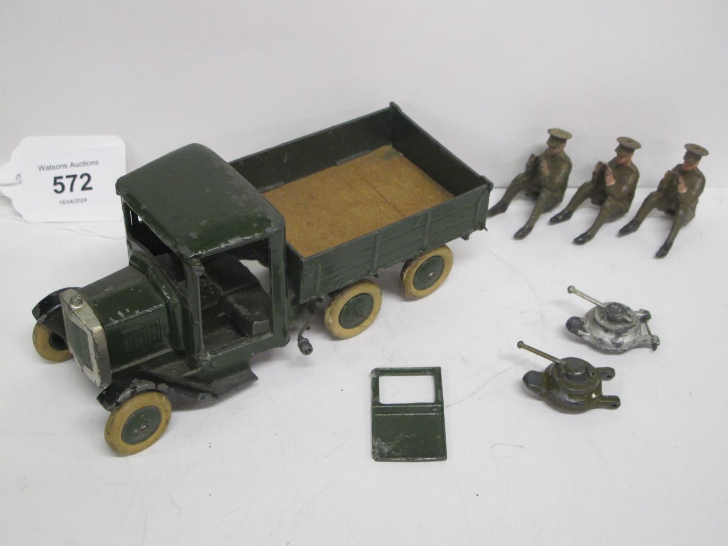 Britains six wheel tipping army lorry with tailgate (door detached and no driver) together with