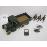 Britains six wheel tipping army lorry with tailgate (door detached and no driver) together with