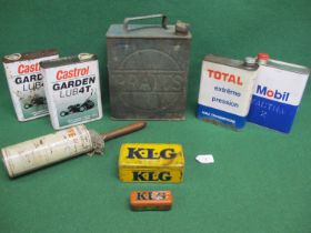 Two gallon Pratts can with cap, tins for Castrol, Total, Mobil and KLG together with a French