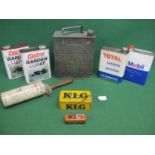 Two gallon Pratts can with cap, tins for Castrol, Total, Mobil and KLG together with a French