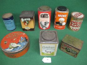 Eight product tins with lids for Knits, Hacks, Bisto, Antelope, Walters Palm Toffee, Nutrix, Mintoes